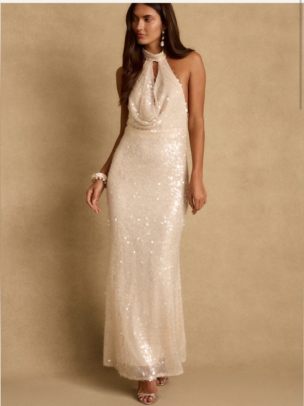 12th Tribe Champagne Sequin Halter-Style Maxi Dress